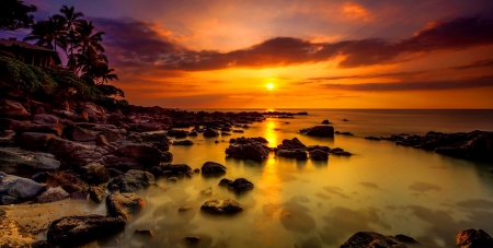 Sea sunset - reflections, coast, beach, sea, ocean, shore, sunset, fiery, sky, rocks