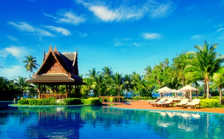 Summer rest - hut, sky, tropics, paradise, palms, summer, exotic, vacation, beautiful, rest, pool, relax