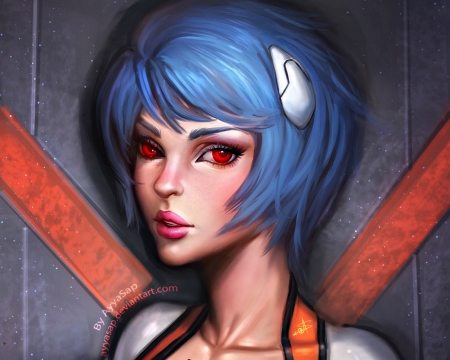 Ayanami Rei - red, ayyasap, anime, girl, ayanami rei, eyes, blue, art, fantasy, orange, woman