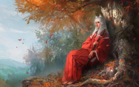 Inuyasha - sword, inuyasha, katana, game, girl, white, ahri, fantasy, tree, autumn, woman, red, anime, fox, art, ears, man