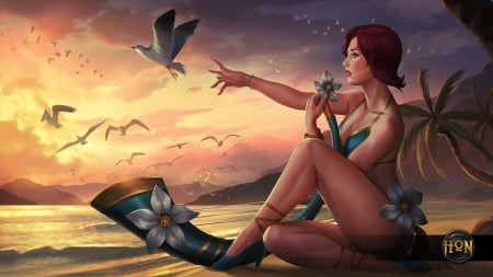 Luau Rhapsody - summer, luau rhapsody, bird, game, girl, art, heroes of newerth, fantasy, sea, woman