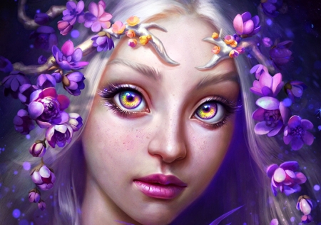 Fae Queen - yellow eyes, beauty, fae queen, flower, pink, purple, viccolatte, fairy, face, art