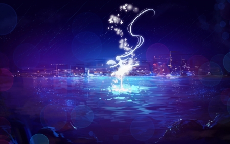 Hatsune Miku - anime, water, blue, girl, hatsune miku, light, miemia, manga, white, purple, art