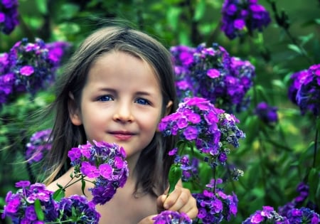 Just a little girl in the flowers - summer, child, purple, cute, girl, garden, john wilhelm, little, field, just mila in the flowers, green