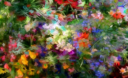 Flowers - red, flower, orange, texture, painting, blue, art, green