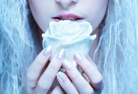 Frozen Fairy with Rose - women, ice, hands, frozen, cold, rose, beauty, face