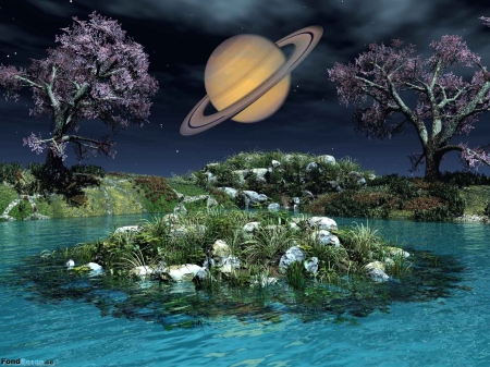 Saturn View - planet, landscape, trees, artwork