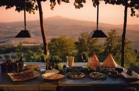 Tuscany Sunset - veranda, diner, lights, landscape, foodstuff