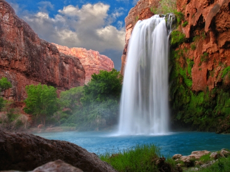 Stunning Waterfall - clouds, trees, water, waterfall, moss, peaceful, sky, canyon