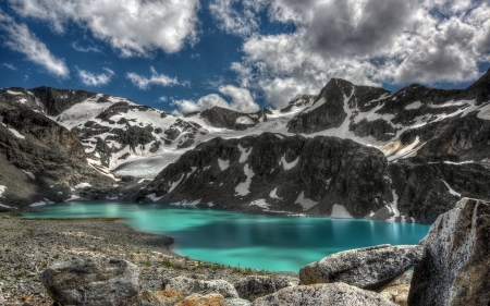 Snow Valley - nature, lake, valley, clouds, snow, winter, mountains