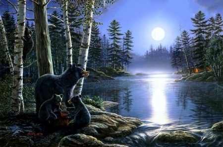 à¸ºBlack Bears - attractions in dreams, bears, draw and paint, animals, mountains, moons, nature, lakes, family, paintings