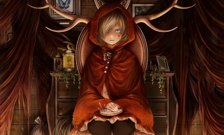 Red Riding Hood - art, girl, red, anime, red riding hood, horns, manga, bounosatoshi