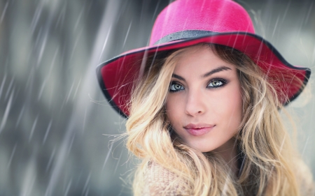 Beauty in the rain - woman, girl, hat, pink, rain, model, blonde