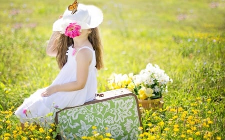 Happy summer! - hat, yellow, summer, girl, flower, pink, child, green, field, little, suitcase