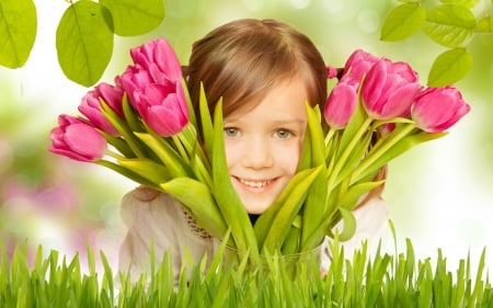 Have a very happy day! - girl, tulips, child, copil, spring, pink, green, smile, flower, little