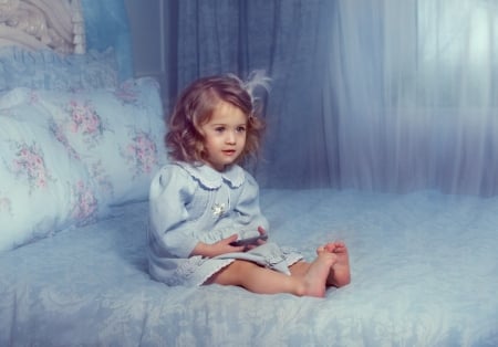 little girl - fun, bed, people, eyes, studio, belle, sightly, white, face, childhood, fair, little, bonny, adorable, child, set, beautiful, pink, sweet, feet, nice, beauty, photography, pretty, baby, cute, kid, dainty, girl, lovely, pure, comely, blue, desktopnexus, blonde