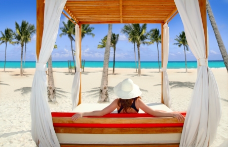 Beautiful View - women, beauty, beach, ocean, palm trees, bed, curtains, gazebo, sea, sand