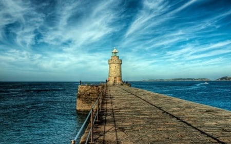 Lighthouse on the pier - sky, pier, lighthouse, cloud, sea, world