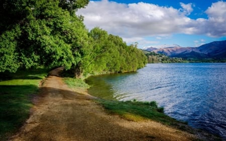 Path along the lake - cloud, sky, lake, forest, path, tree, nature, mountain