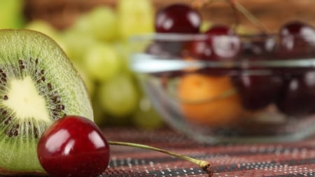 Fresh Fruits - cherries, berries, kiwis, bowl