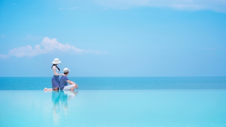 Couple - poll, hat, sea, clouds