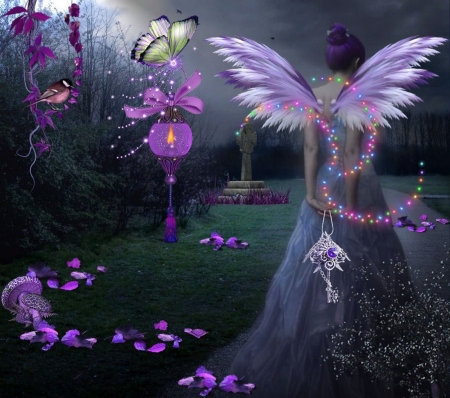 ANGEL - FOREST, LANTERN, BIRDS, PETALS, FEMALE, BUTTERFLIES, MUSHROOM, ANGEL