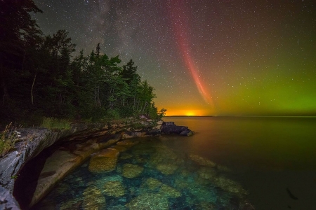 A Proton Arc Over Lake Superior - space, fun, nature, lake, forest, stars, cool