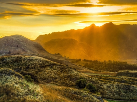 Sunset Over the Mountains - sky, mountains, lights, landscape, sunset, nature