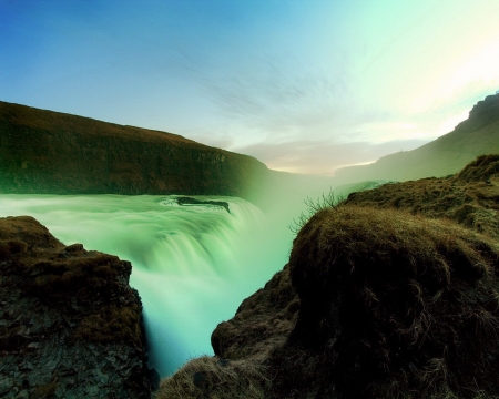 Mountain Falls - nature, mountains, waterfall, lights