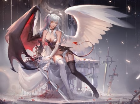 Angel and Demon - anime, bat, girl, feather, angel, succubus, manga, white, lifotai, red, woman, wings, demon