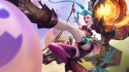 Jinx - game, bazooka, league of legends, blue, gun, girl, pink, jinx, fantasy, fire, woman, art