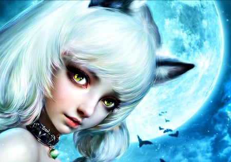 Ahri - moon, game, nine tailed, forsaken world, league of legends, blue, fox, girl, night, white, woman, face, luna