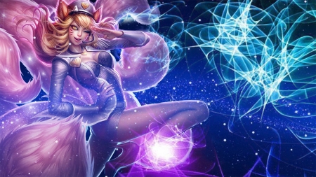 Ahri - game, league of legends, blue, ball, girl, magical, pink, ahri, fantasy, woman, art