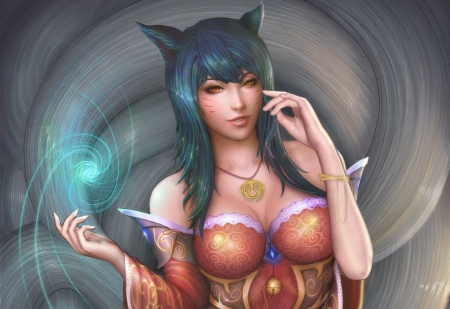 Ahri - nine tailed, league of legends, blue, ball, fox, girl, magical, ahri, fantasy, red, woman, art