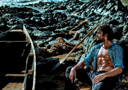 Marlon Teixeira - stone, summer, blue, beach, boat, rock, Marlon Teixeira, sea, man, model