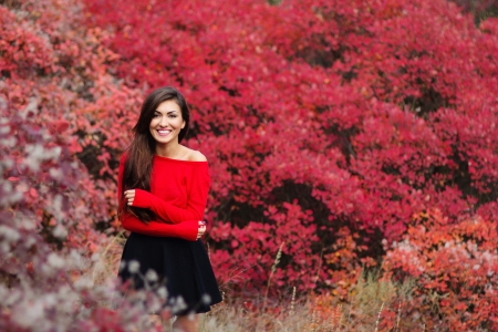 Woman in Red - fall, smile, bush, woman