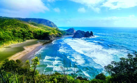 Sea view - clouds, water, coast, beach, beautiful, landscape, sea, tropics, shore, view, waves, lake, sky, rocks