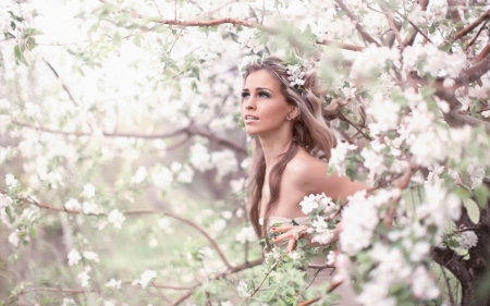 Spring Garden - girl, wreath, flowering, apple trees