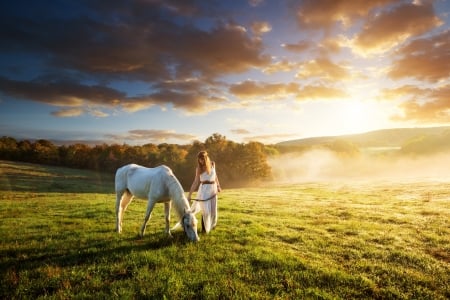 Beautiful Morning - field, sky, horse, woman