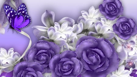 Lovely Lavender Roses - rosoes, frangipani, shine, sparkle, purple, butterfly, flowers, lavender, firefox persona theme, plumeria