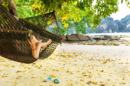 Tropical Beach View - women, palm trees, flip flops, tropics, hammock, happiness, sand, sea