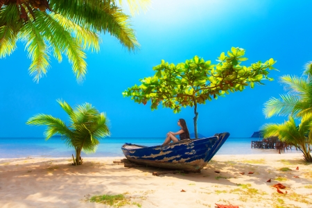 Beautiful Palm Trees - women, sky, palm trees, ocean, beach, tropics, beautiful, sand, boat