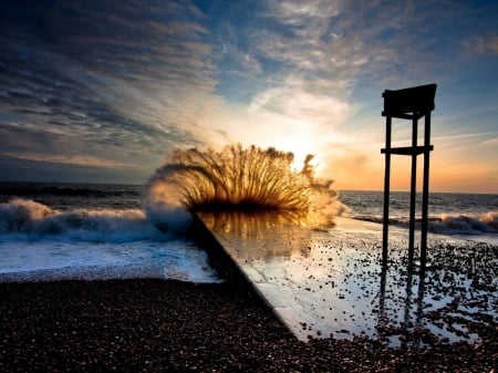 Waves at Sunset - clouds, sunset, nature, waves, sea, ocean