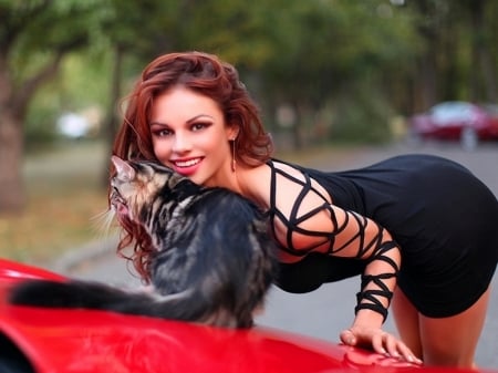 Girl with Cat - pretty, car, model, cat, girl