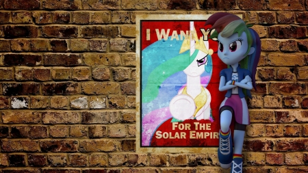 Rainbow Dash Coolness - brick wall, movie, mlp, poster, cartoons, cool, rainbow rocks, princess celestia, cute, rainbow dash, girl, friendship is magic, my little pony, tv series, equestria girls, kawaii, wall, 3d, friendship games, awesome