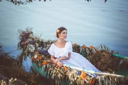 Woman - sadness, flowers, river, boat