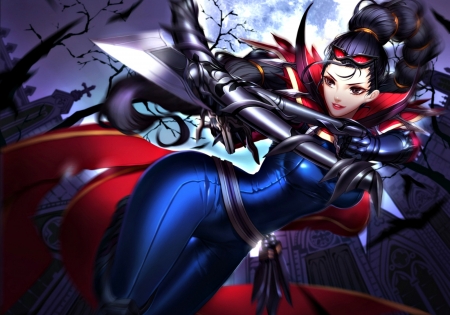 Vayne - woman, girl, citemer, fantasy, art, game, red, blue, league of legends, liuruoyu8888, vayne