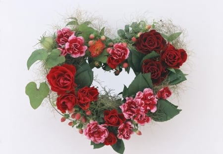 Heart - white, red, heart, green, valentine, rose, flower