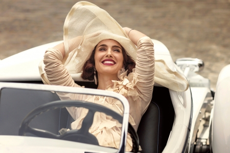 Natalie Portman - woman, actress, girl, hat, white, car, vintage, natalie portman, retro