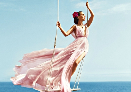 Natalie Portman - swing, water, Natalie Portman, summer, blue, dress, pink